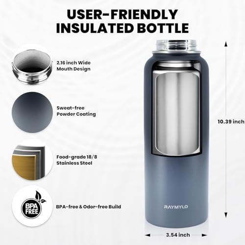 RAYMYLO Insulated Water Bottle 40 oz, Triple Wall Vacuum Stainless Steel (Cold for 48 Hrs), Leak Proof & Non-BPA, Modern Water Flask Jug with Paracord Handle & Straw Spout Lids, Dark Grey - Image 5