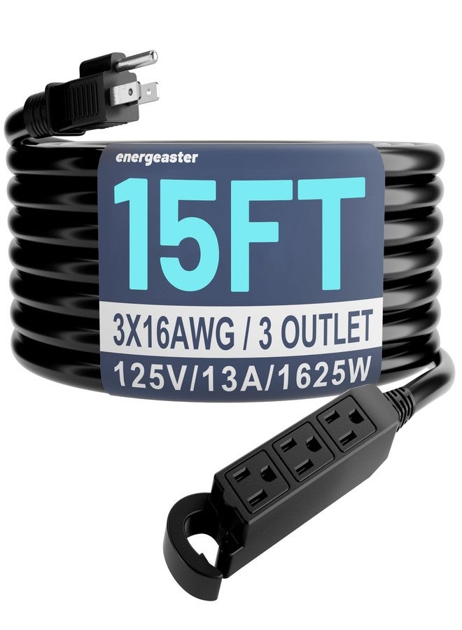 Energeaster 16/3 15 Ft 3 Outlet Extension Cord Outdoor Waterproof, Black Extension Cords with Multiple Outlets, 3 Prong with Multi Outlet Outside 13A 1625W 16AWG, ETL Listed - Image 1