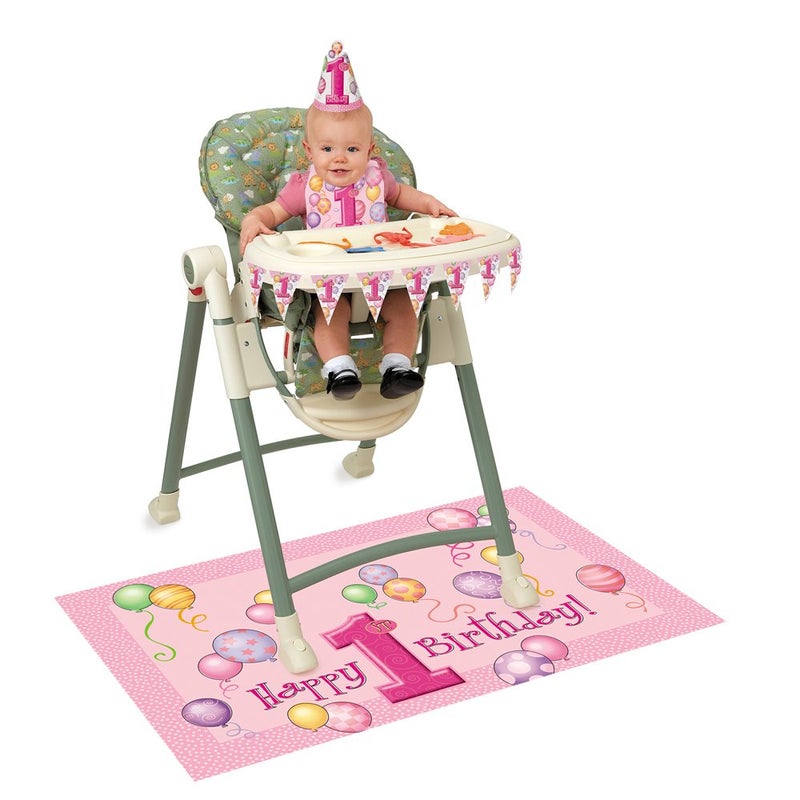 Unique First Birthday Pink Balloons High Chair Kit - (1 Set) | All-Inclusive Decor Bundle with Flag Banner, Floor Mat & Plastic Bib - Ideal for Memorable 1st Birthday Celebration - Image 1