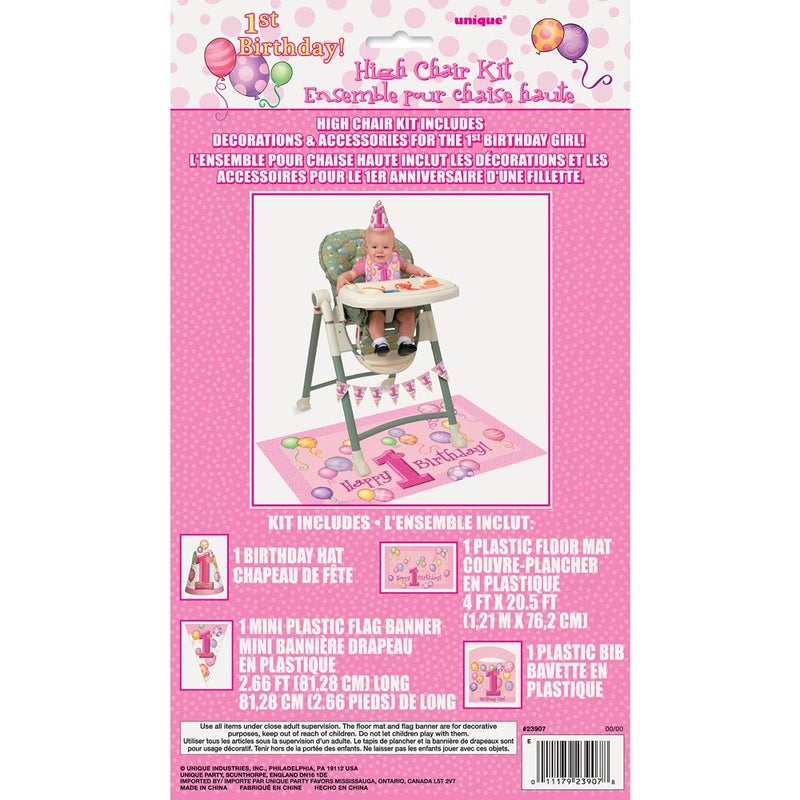 Unique First Birthday Pink Balloons High Chair Kit - (1 Set) | All-Inclusive Decor Bundle with Flag Banner, Floor Mat & Plastic Bib - Ideal for Memorable 1st Birthday Celebration - Image 2