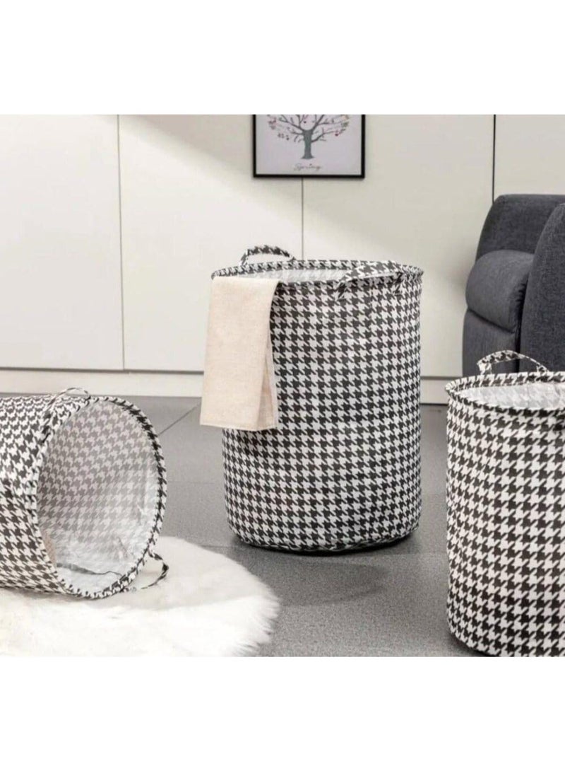 سلة غسيل دائرية قابلة للطي بمقابض، بنقشة مربعات، مصنوعة من البوليستر المقاوم للماء، 40 سم × 35 سم، سلة تخزين قابلة للطي للملابس والألعاب والمناشف - Image 4