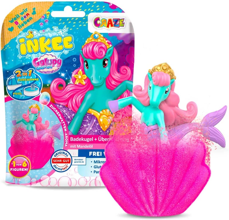 Inkee Bath Bomb with Surprise Galupy Mermaid - Vegan, Dermatologist Approved with Almond Oil & Cotton Candy Aroma for Kids - Image 1