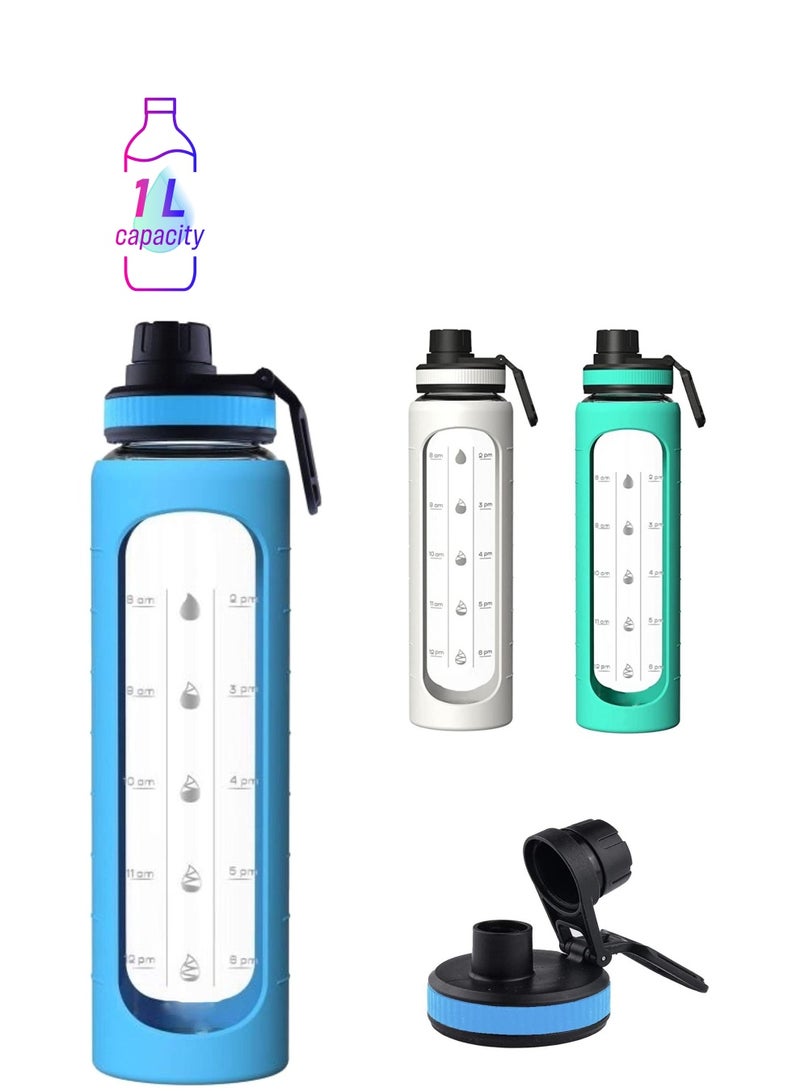 XiuWoo 32 oz Glass Water Bottle with Time Marks and Silicone Sleeve - Flip Lid, Motivational Bottles for Hydration, Reusable, Wide Mouth, Leakproof, 1 Liter Drinking Bottle, BPA Free  - Image 1
