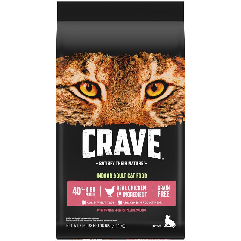 CRAVE Grain Free Indoor Adult High Protein Natural Dry Cat Food with Protein from Chicken & Salmon, 10 lb. Bag - Image 1