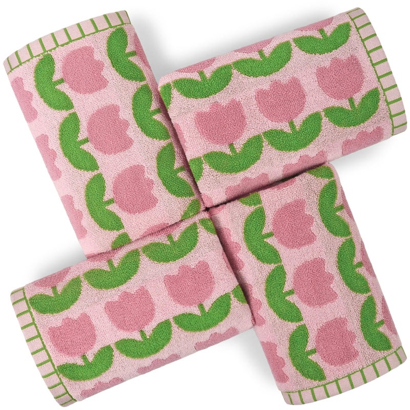 Jacquotha 4-Piece Hand Towels with Pink Tulips Pattern, Small Size 13x28 Inches, Cotton - Image 1