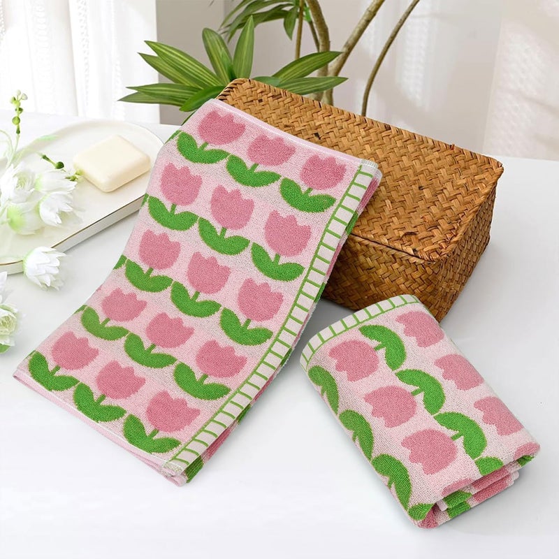 Jacquotha 4-Piece Hand Towels with Pink Tulips Pattern, Small Size 13x28 Inches, Cotton - Image 3