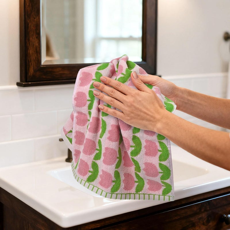 Jacquotha 4-Piece Hand Towels with Pink Tulips Pattern, Small Size 13x28 Inches, Cotton - Image 4