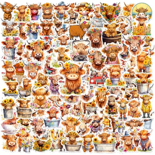 Lcnjscgo 100PCS Highland Cow Stickers Highland Cow Cattle Party Favors Supplies Birthday Party Decorations Gifts Waterproof Vinyl Aesthetics Stickers for Water Bottle Laptop - Image 1
