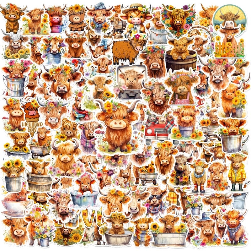 Lcnjscgo 100PCS Highland Cow Stickers Highland Cow Cattle Party Favors Supplies Birthday Party Decorations Gifts Waterproof Vinyl Aesthetics Stickers for Water Bottle Laptop - Image 3