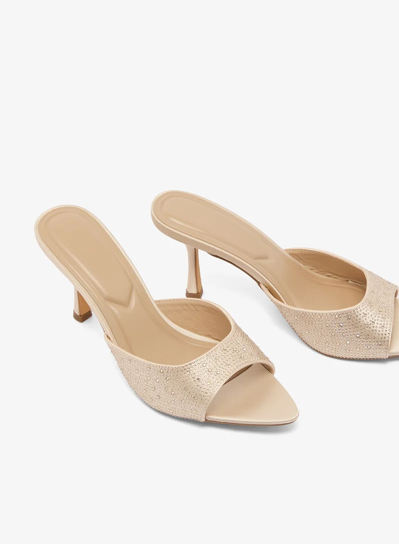 Truffle Gold satin Rhinestone Embellished Detailed High Heeled Sandals Gold for Women | Best Price UAE