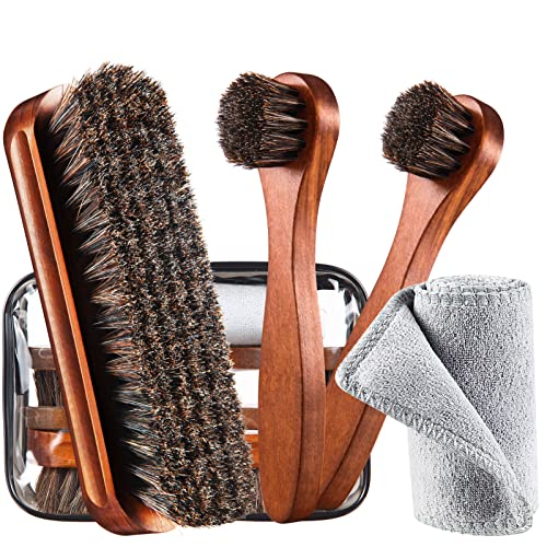 YoungJoy 4 Pcs Horsehair Shoe Brush Kit Polishing Daubers Applicators Leather Care Brushes Shine Cleaning Cloth with Bag(Shoe Brush Set E) - Image 1