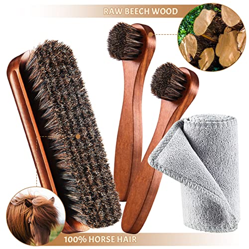 YoungJoy 4 Pcs Horsehair Shoe Brush Kit Polishing Daubers Applicators Leather Care Brushes Shine Cleaning Cloth with Bag(Shoe Brush Set E) - Image 5