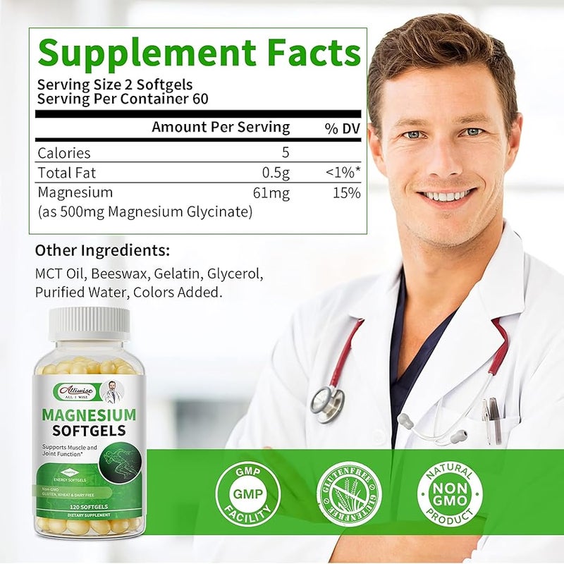 Alliwise Magnesium Glycinate 500mg Softgels Supplement - Small Easy to Swallow High Absorption Capsules for Support Legs & Night Sleep, Muscles & Bones - Calm - Image 2