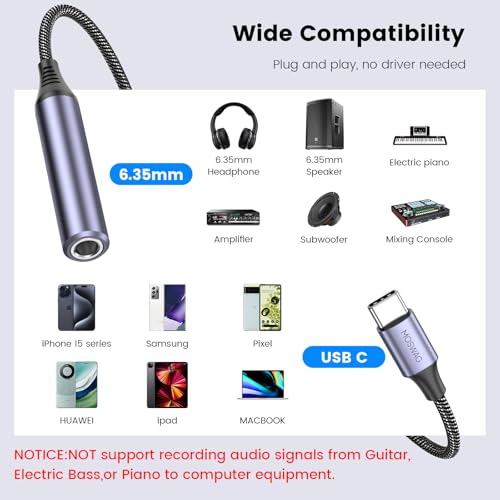 MOSWAG USB Type C to 14 Headphone Adapter USB C to 635mm TRS Audio Cable Stereo Jack Audio AUX Adapter Compatible with Amplifiers Mixer Home Theater Smartphones Laptop 635mm Headphones - Image 3