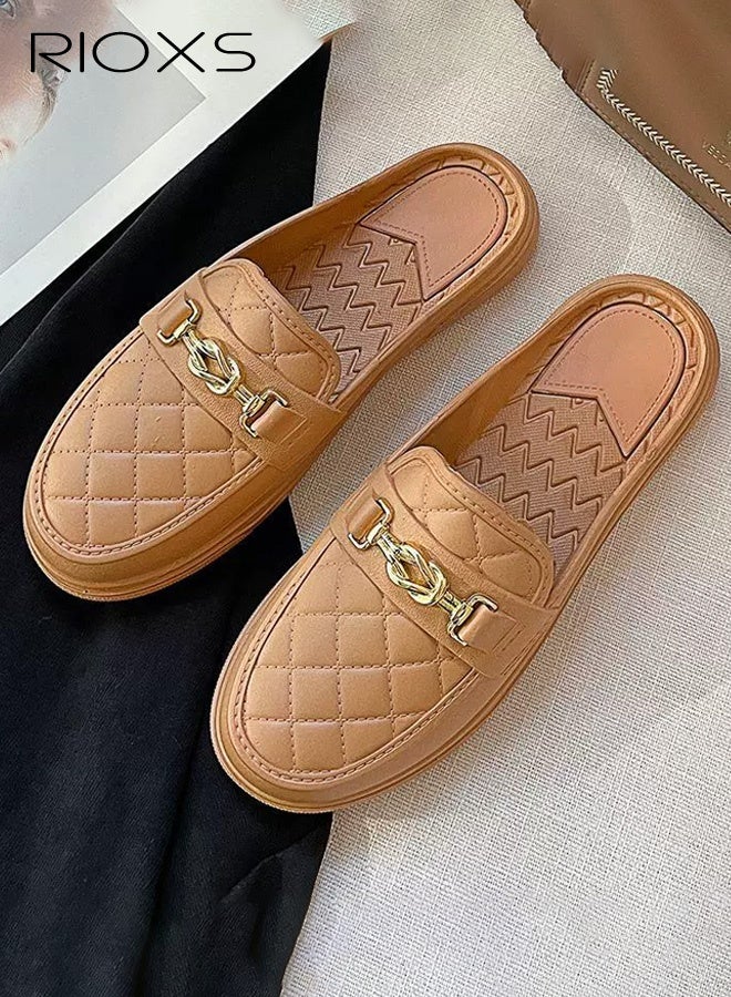 RIOXS Women's Flat Mule, Closed Round Toe Slide Sandals, Fashion Slip-Ons Loafers for Women, Classic Backless Mule Shoes, Ladys Comfort Lightweight Walking Penny Shoes, Comfy Clog Mules Dress Slippers for Female, Open-Back Mules with Cutout Heel Detail, Ladies Footwear Brown - Image 4