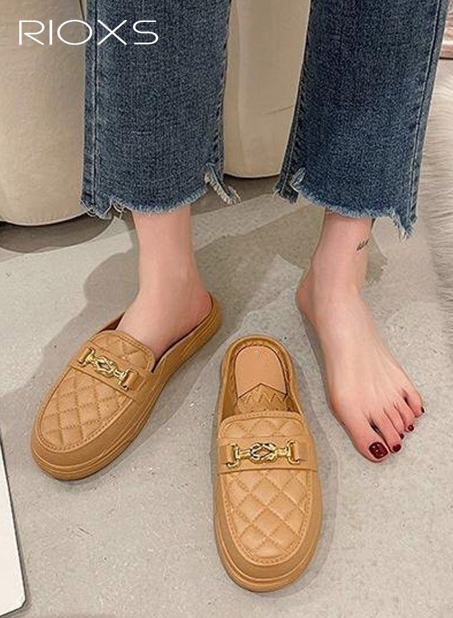 RIOXS Women's Flat Mule, Closed Round Toe Slide Sandals, Fashion Slip-Ons Loafers for Women, Classic Backless Mule Shoes, Ladys Comfort Lightweight Walking Penny Shoes, Comfy Clog Mules Dress Slippers for Female, Open-Back Mules with Cutout Heel Detail, Ladies Footwear Brown - Image 3