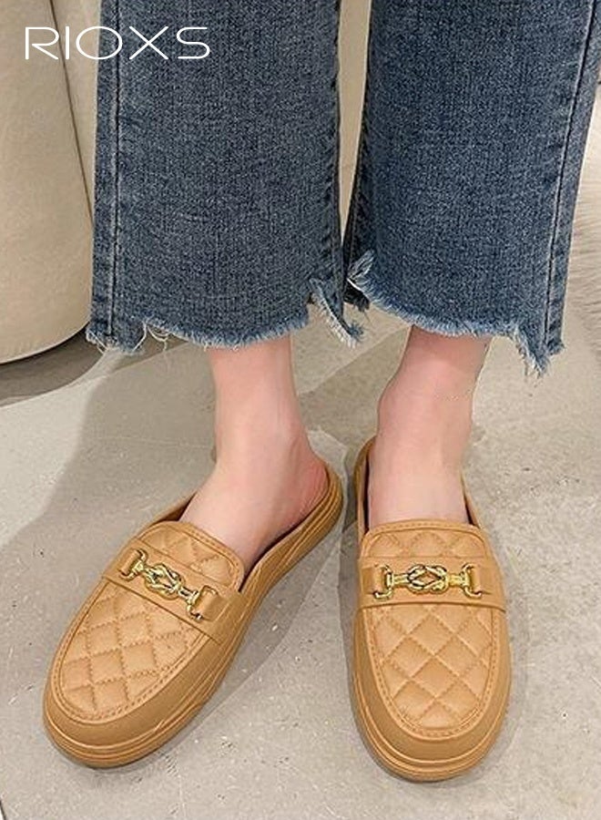 RIOXS Women's Flat Mule, Closed Round Toe Slide Sandals, Fashion Slip-Ons Loafers for Women, Classic Backless Mule Shoes, Ladys Comfort Lightweight Walking Penny Shoes, Comfy Clog Mules Dress Slippers for Female, Open-Back Mules with Cutout Heel Detail, Ladies Footwear Brown - Image 1