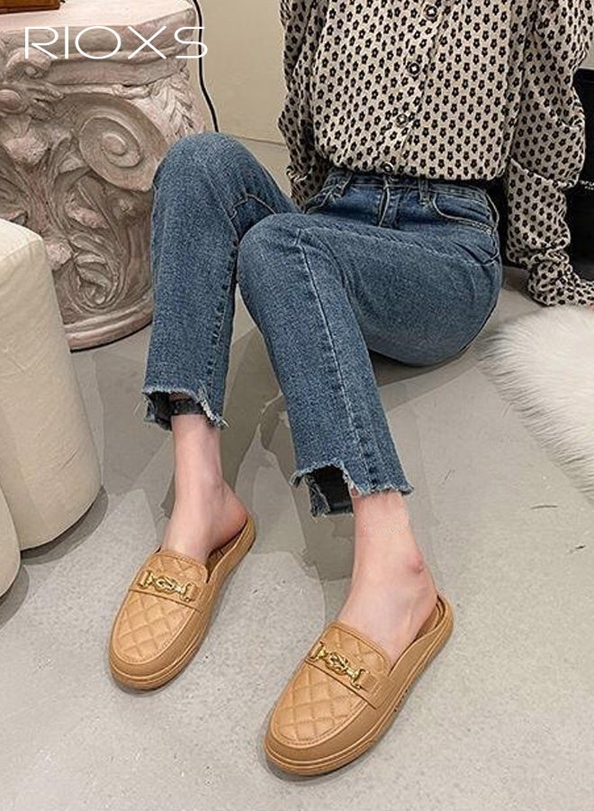 RIOXS Women's Flat Mule, Closed Round Toe Slide Sandals, Fashion Slip-Ons Loafers for Women, Classic Backless Mule Shoes, Ladys Comfort Lightweight Walking Penny Shoes, Comfy Clog Mules Dress Slippers for Female, Open-Back Mules with Cutout Heel Detail, Ladies Footwear Brown - Image 2