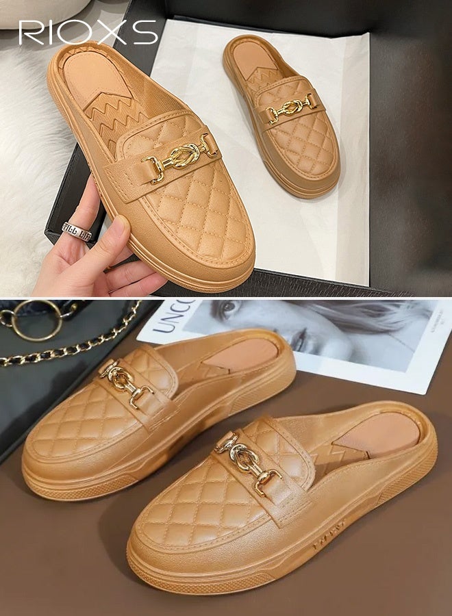 RIOXS Women's Flat Mule, Closed Round Toe Slide Sandals, Fashion Slip-Ons Loafers for Women, Classic Backless Mule Shoes, Ladys Comfort Lightweight Walking Penny Shoes, Comfy Clog Mules Dress Slippers for Female, Open-Back Mules with Cutout Heel Detail, Ladies Footwear Brown - Image 5