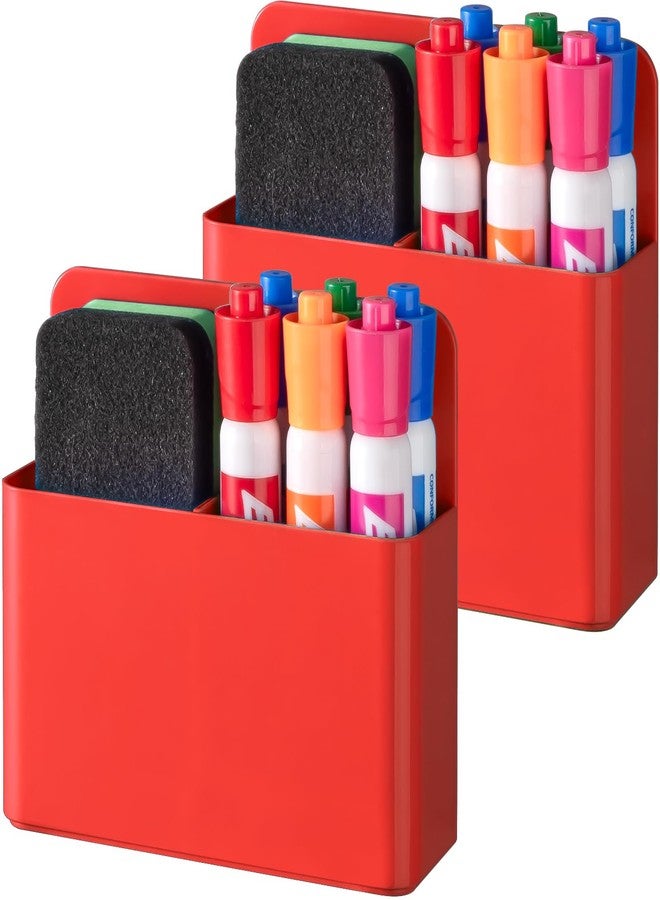 BEYGORM 2 Pack Plastics Magnetic Pen Holder for Refrigerator, Dry Erase Marker Holder for Whiteboard，Magnet School Locker Organizer Accessories, Pencil Cup, Pen Caddy, Classroom Organization(Red) - Image 1