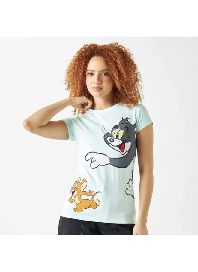 SP Characters Tom and Jerry Print Round Neck T-shirt with Short Sleeves