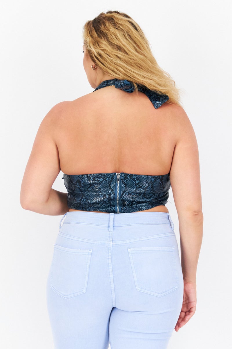 Missguided Women Halter Neck Sleeveless Animal Print Top, Teal Blue - Image 2