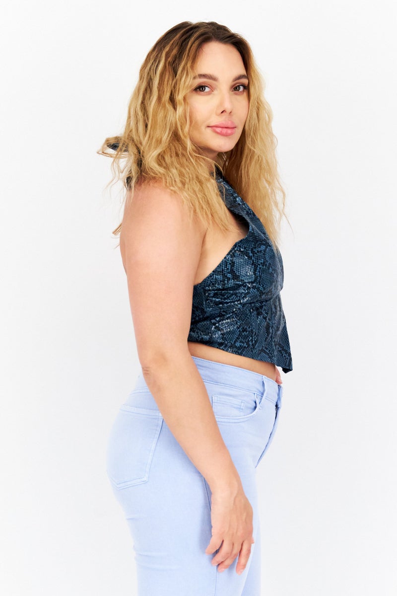 Missguided Women Halter Neck Sleeveless Animal Print Top, Teal Blue - Image 2