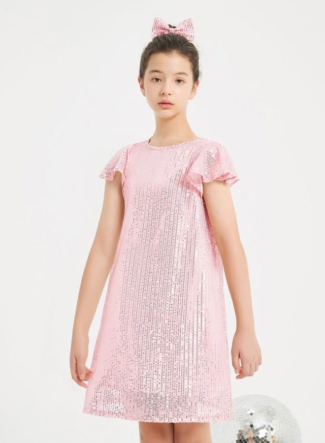 EXARUS Girls Sparkly Dresses Ruffle Sleeve Glitter Sequin Crew Neck A-Line/Bodycon/Tunic Dress for Girl 6-14Y, Pink Tunic, 10 Years - Image 3
