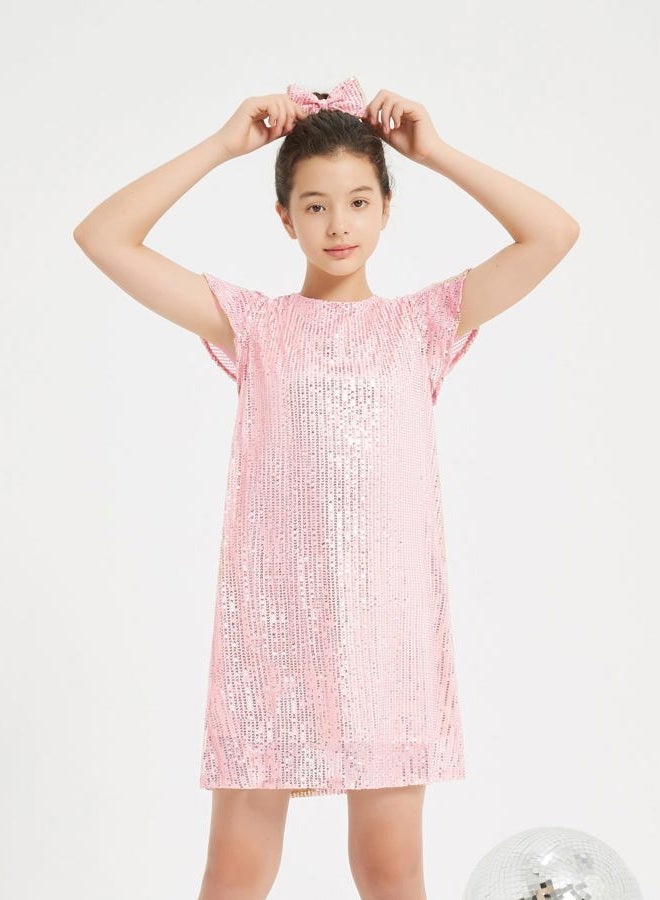 EXARUS Girls Sparkly Dresses Ruffle Sleeve Glitter Sequin Crew Neck A-Line/Bodycon/Tunic Dress for Girl 6-14Y, Pink Tunic, 10 Years - Image 2