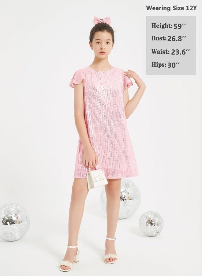EXARUS Girls Sparkly Dresses Ruffle Sleeve Glitter Sequin Crew Neck A-Line/Bodycon/Tunic Dress for Girl 6-14Y, Pink Tunic, 10 Years - Image 5