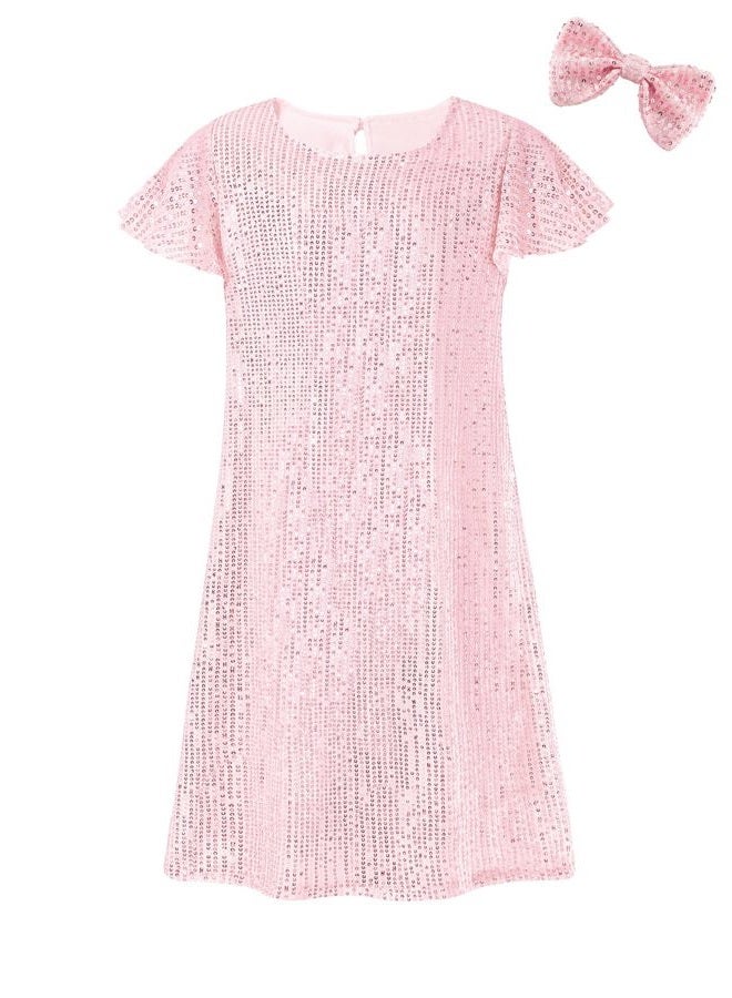 EXARUS Girls Sparkly Dresses Ruffle Sleeve Glitter Sequin Crew Neck A-Line/Bodycon/Tunic Dress for Girl 6-14Y, Pink Tunic, 10 Years - Image 1