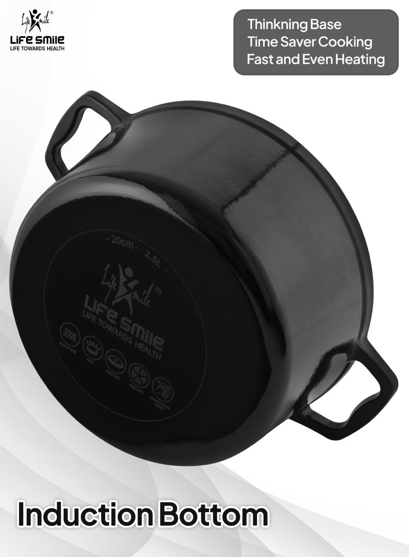 Life Smile 20cm Enameled Cast Iron Cooking Pot -5 Layer Rust-proof Coating Oven Safe Induction Bottom 2.5L Casserole (Black) - Image 2