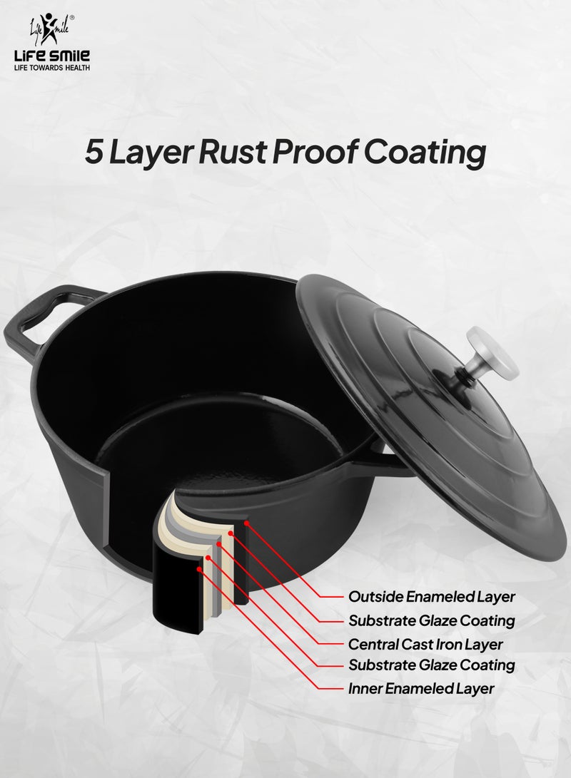 Life Smile 20cm Enameled Cast Iron Cooking Pot -5 Layer Rust-proof Coating Oven Safe Induction Bottom 2.5L Casserole (Black) - Image 4