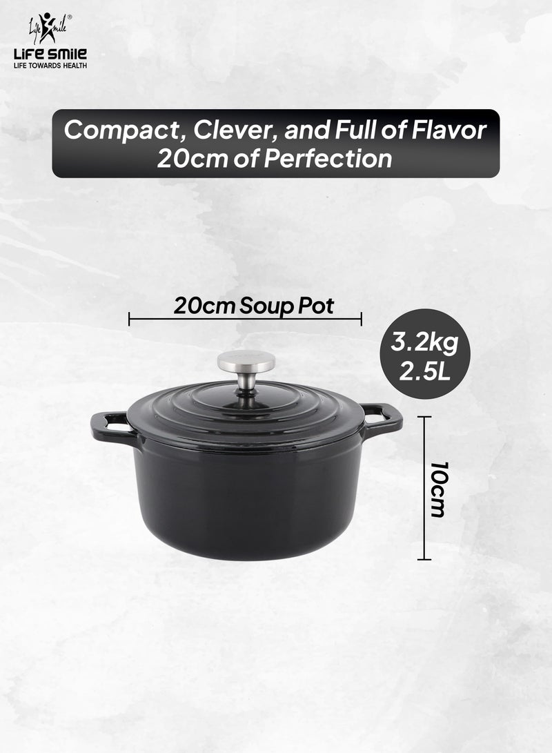Life Smile 20cm Enameled Cast Iron Cooking Pot -5 Layer Rust-proof Coating Oven Safe Induction Bottom 2.5L Casserole (Black) - Image 3
