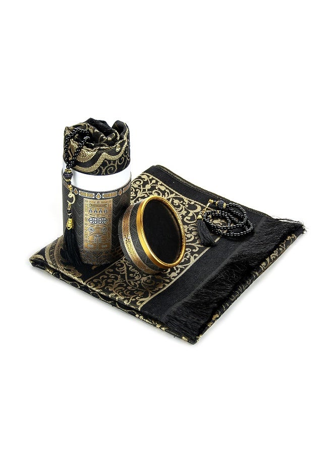 ihvan online Muslim Prayer Rug and Prayer Beads with Elegant Design Cylinder Gift Box, Janamaz, Sajadah, Soft Islamic Gifts Set, Carpet Mat, Taffeta Fabric, Black - Image 2