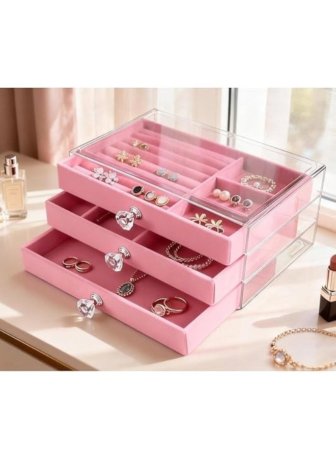 Transparent acrylic jewellery and make-up organiser; velvet box with 3 compartments for storing and organising accessories, necklaces and jewellery – for women - Image 4