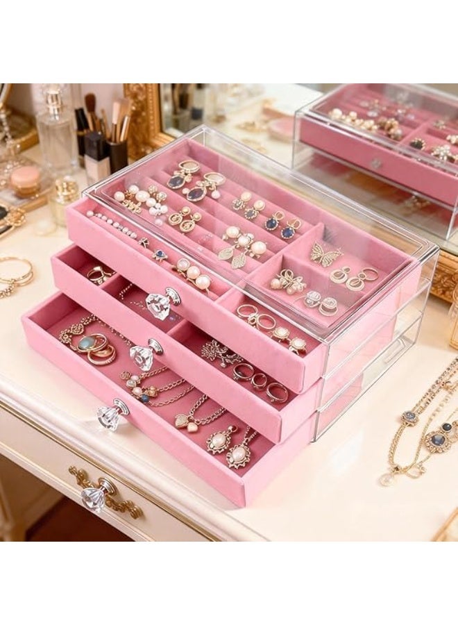 Transparent acrylic jewellery and make-up organiser; velvet box with 3 compartments for storing and organising accessories, necklaces and jewellery – for women - Image 3