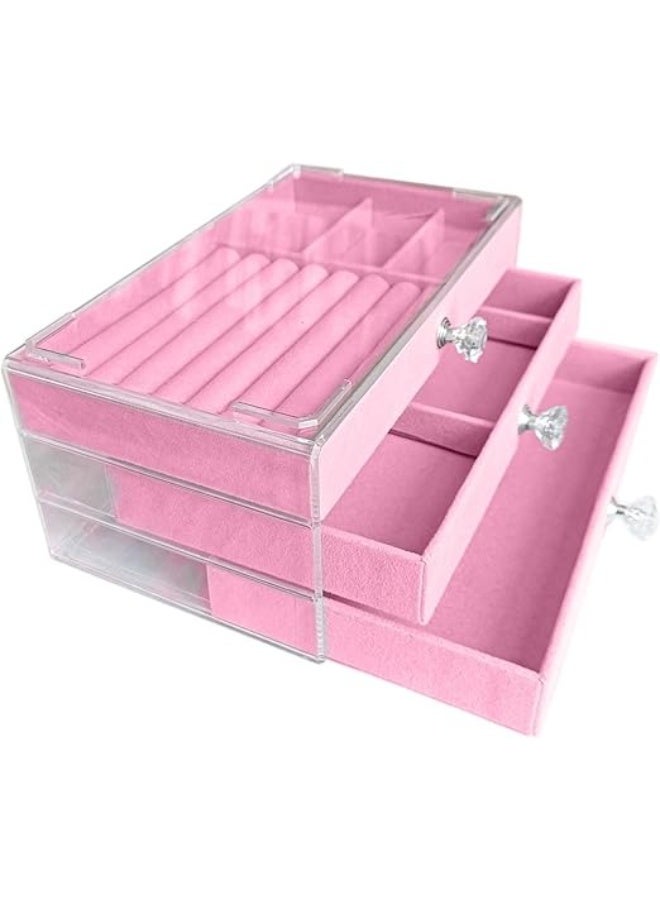 Transparent acrylic jewellery and make-up organiser; velvet box with 3 compartments for storing and organising accessories, necklaces and jewellery – for women - Image 2