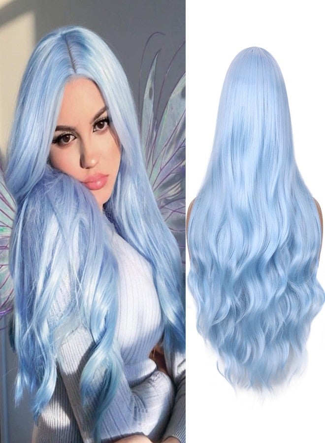 FAVE 26 Inches Light Blue Wig Long Wavy Blue Wig for Women Synthetic Blue Wig with 3D Full Wave Heat-Resistant Fiber Fashion Color for Cosplay&Daily Use（Mermaid Color） - Image 1