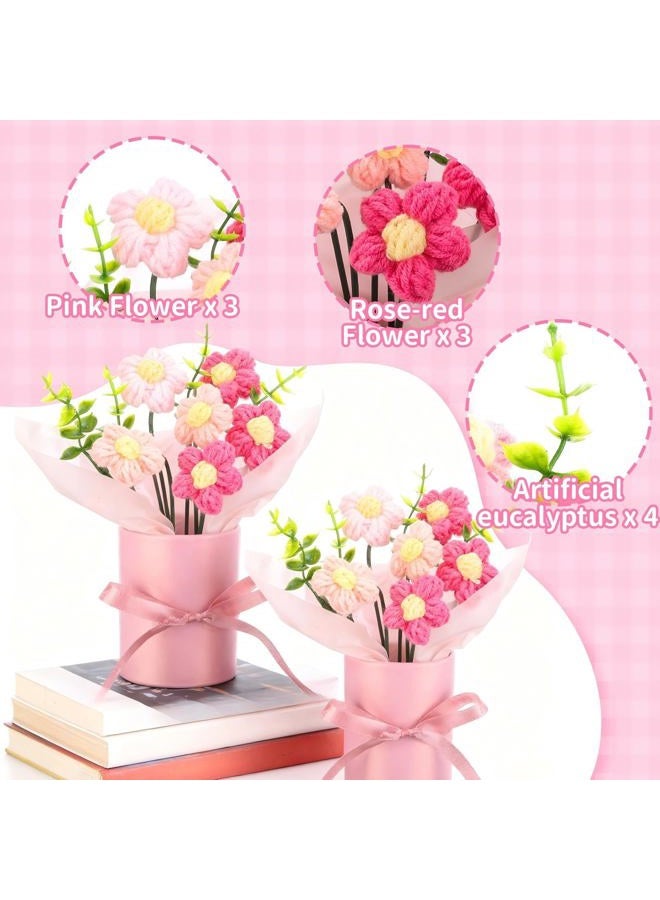 Willinglong 6 Set Valentine's Day Crochet Puff Flowers Potted Plants, 4.7" x 5.9" Mini Artificial Knitted Woven Flowers Bouquets with Gift Bag for Women Table Centerpiece Decoration (Pink) - Image 3