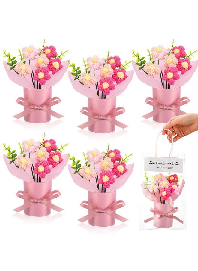 Willinglong 6 Set Valentine's Day Crochet Puff Flowers Potted Plants, 4.7" x 5.9" Mini Artificial Knitted Woven Flowers Bouquets with Gift Bag for Women Table Centerpiece Decoration (Pink) - Image 1