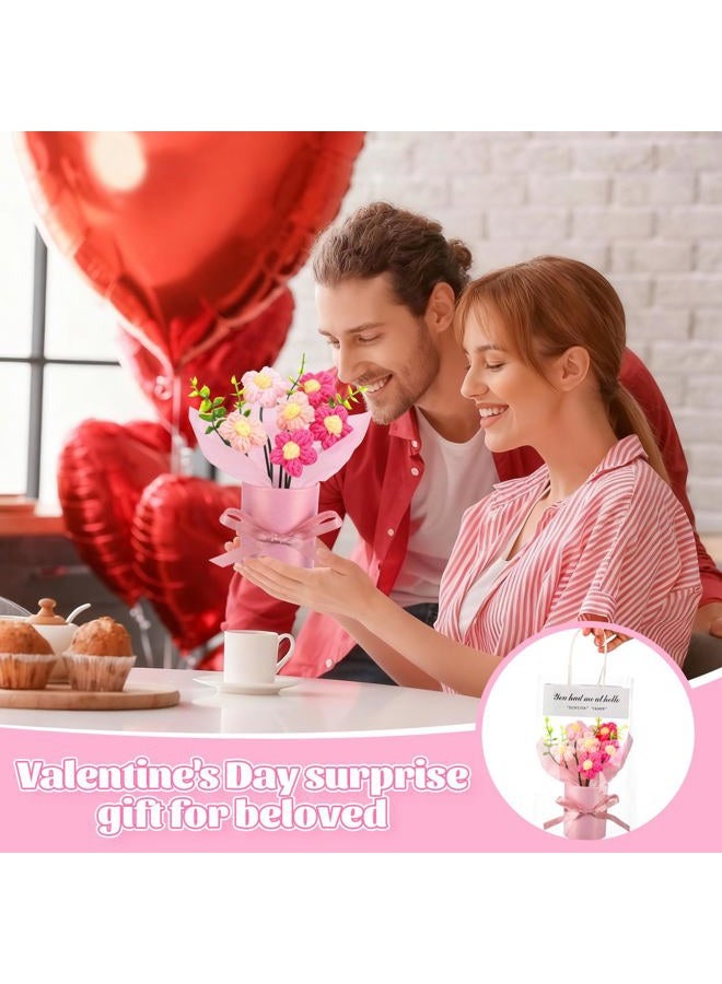 Willinglong 6 Set Valentine's Day Crochet Puff Flowers Potted Plants, 4.7" x 5.9" Mini Artificial Knitted Woven Flowers Bouquets with Gift Bag for Women Table Centerpiece Decoration (Pink) - Image 5