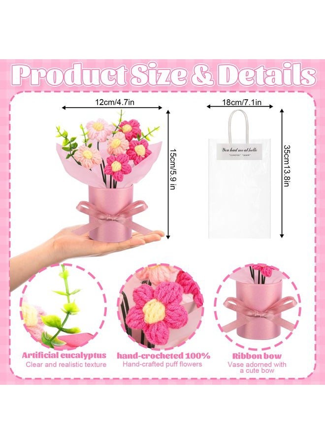 Willinglong 6 Set Valentine's Day Crochet Puff Flowers Potted Plants, 4.7" x 5.9" Mini Artificial Knitted Woven Flowers Bouquets with Gift Bag for Women Table Centerpiece Decoration (Pink) - Image 2