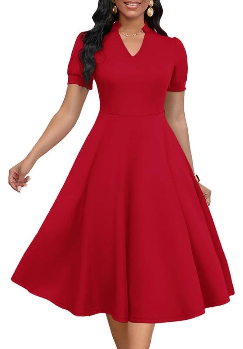 MarryUP Women's Vintage Red Dress Puff Sleeve V Neck A-Line Dress Fit and Flare Church Wedding Guest Work Dresses Red L