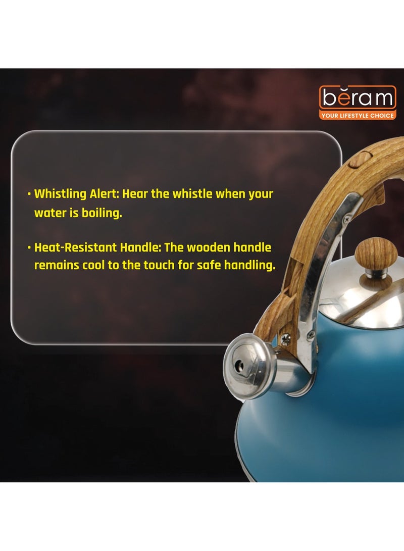 هوسرولاند غلاية شاي صافرة، مقابض خشبية، سعة 3 لتر، ستانلس ستيل، قاع مسطح، للكهرباء والغاز والحث الحراري ومواقد الإشعاع وإبريق الشاي سريع الغليان وأدوات المطبخ - Image 3