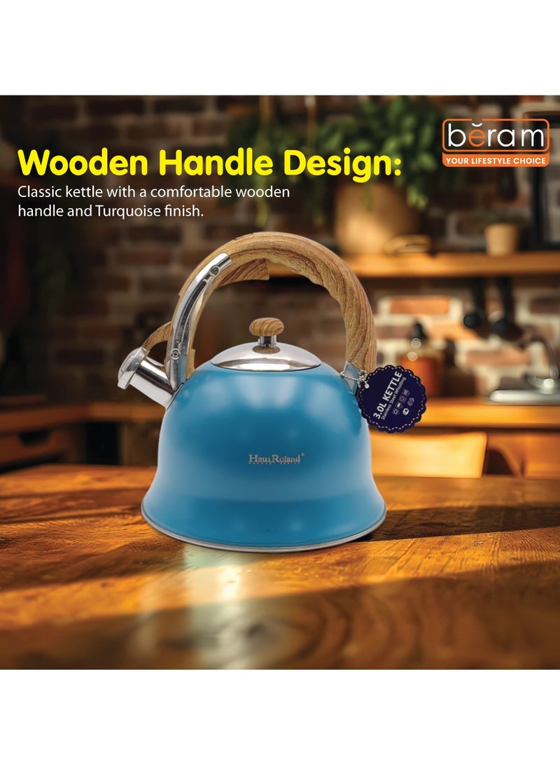 هوسرولاند غلاية شاي صافرة، مقابض خشبية، سعة 3 لتر، ستانلس ستيل، قاع مسطح، للكهرباء والغاز والحث الحراري ومواقد الإشعاع وإبريق الشاي سريع الغليان وأدوات المطبخ - Image 2