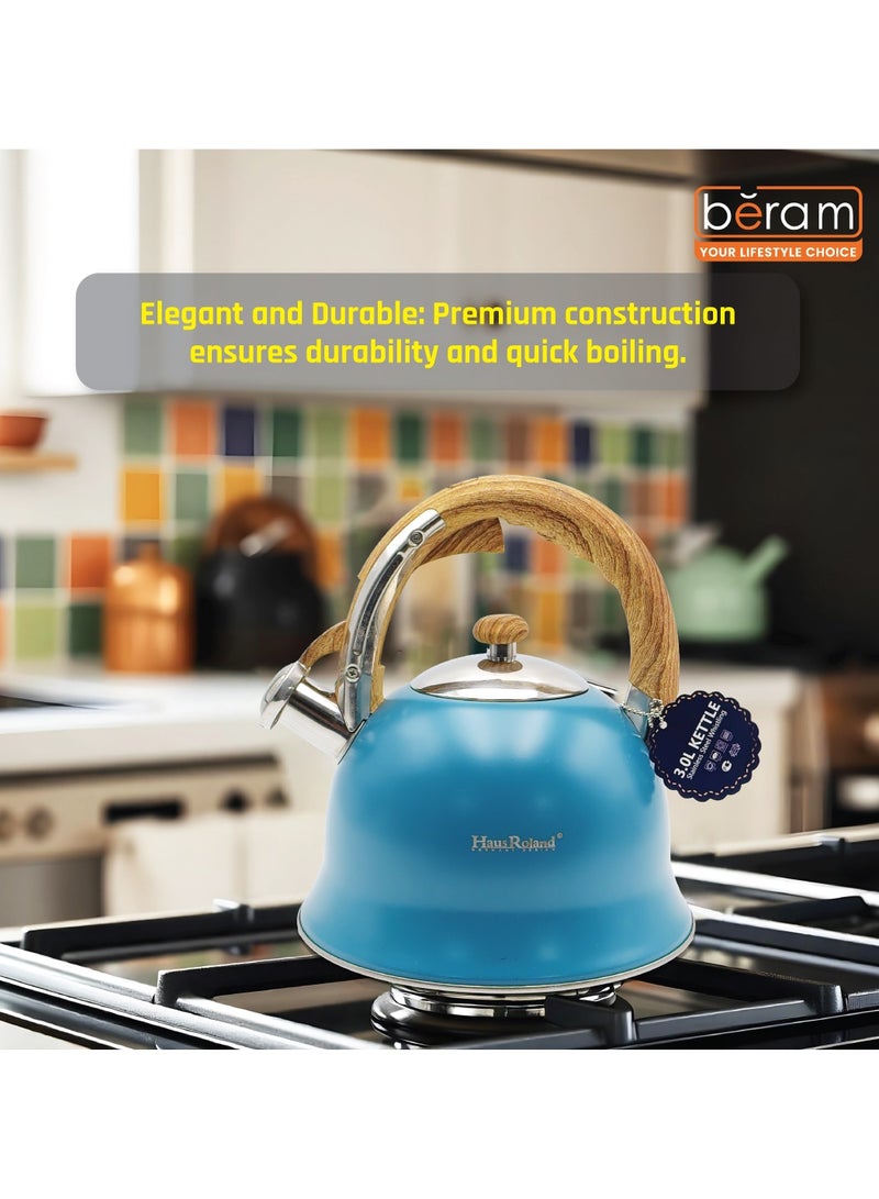 هوسرولاند غلاية شاي صافرة، مقابض خشبية، سعة 3 لتر، ستانلس ستيل، قاع مسطح، للكهرباء والغاز والحث الحراري ومواقد الإشعاع وإبريق الشاي سريع الغليان وأدوات المطبخ - Image 4