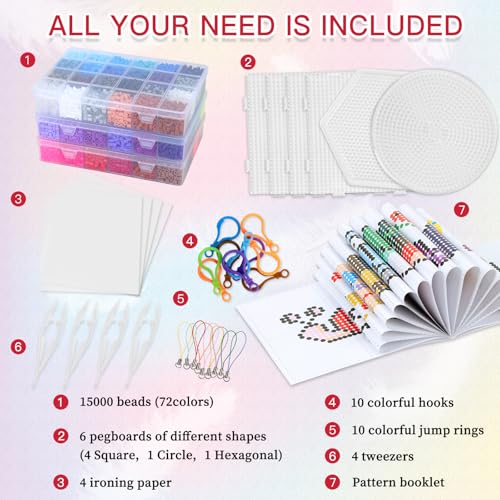 QUEFE Fuse Beads Kit of 72 Assorted Colors, 15000 5mm Beads Craft Kit Including Pegboard, Melting Beads, Ironing Paper, Tweezers & Colorful Hooks, Great Creative Arts and Crafts Set for Girls - Image 2