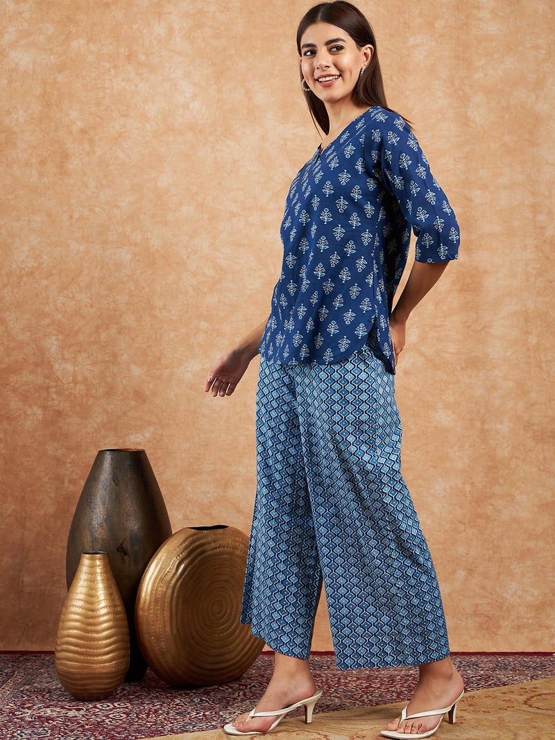 Pivl Women Printed Blue Night Suit Set_M - Image 3