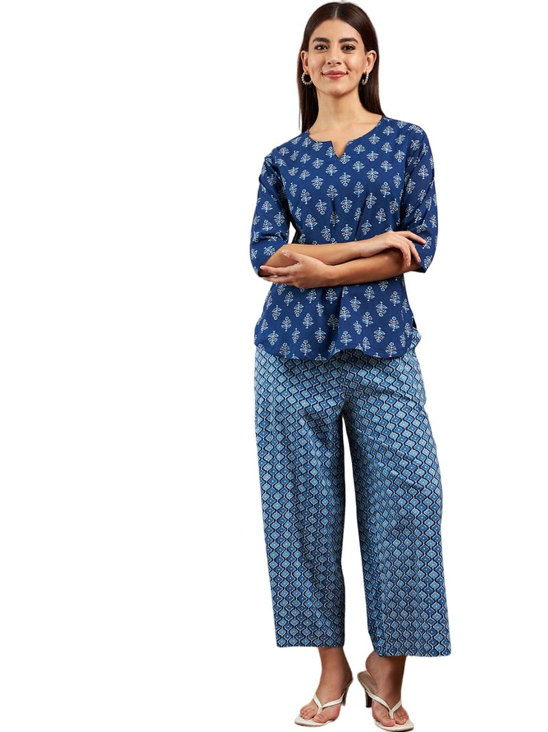 Pivl Women Printed Blue Night Suit Set_M - Image 1